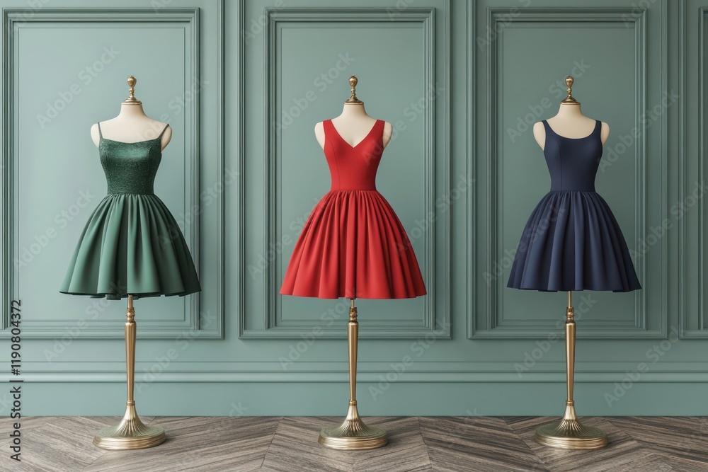 Three elegant dresses in green, red and navy blue on mannequins against a blue wall Three elegant dresses in green, red and navy blue on mannequins against a blue wall