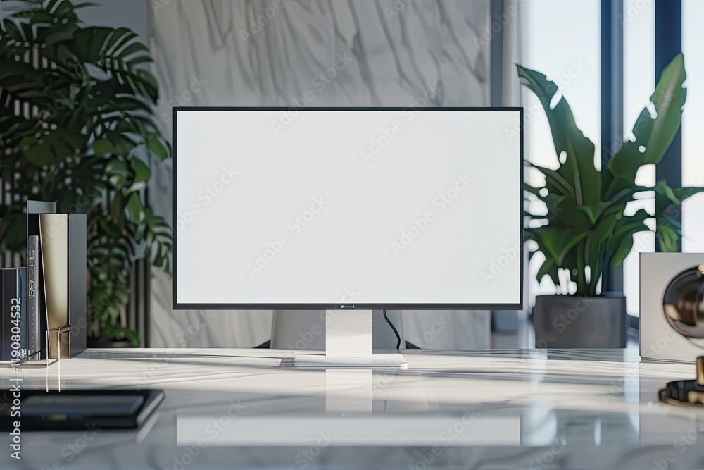 A Computer Whitescreen Mockup on a Luxury Marble Table in a Modern Office or Home Office A Computer Whitescreen Mockup on a Luxury Marble Table in a Modern Office or Home Office