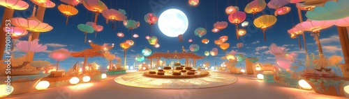Lantern Festival Celebration Under a Full Moon - A Vibrant Night Scene with Floating Lanterns