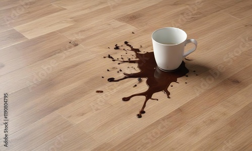 Coffee spill on laminate flooring with a broken cup nearby, accidents, spilled coffee
