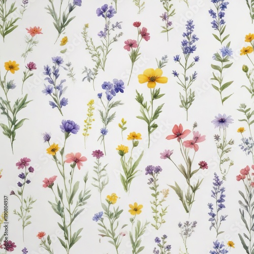 Collection of dainty watercolor wildflowers on a white paper background, summer bloom, inspiration, leaves