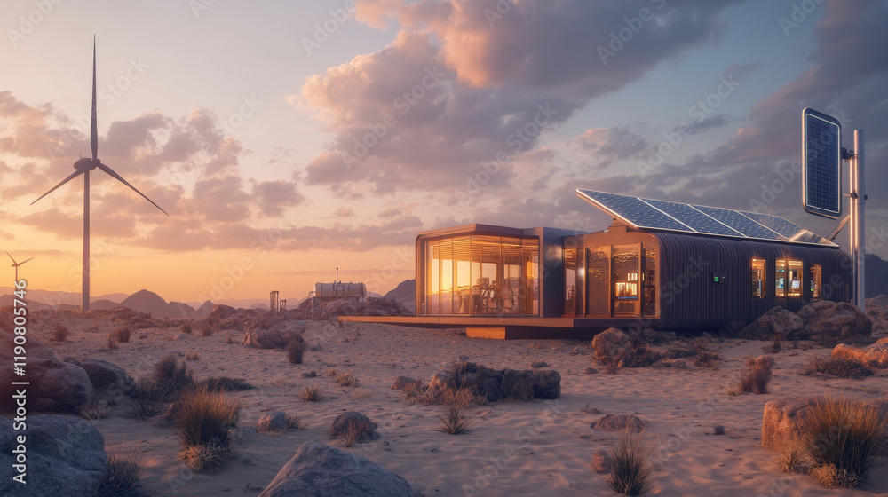 Sustainable living showcase desert landscape modern architecture renewable energy sunset view eco-friendly concept
