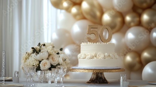 White and golden cake with number 50 on a table decorated for a party celebration photo