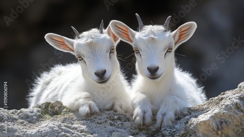 Twin Goats Resting on Rocky Surface in a Natural Setting