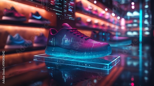 Futuristic Sneaker Display with Holographics. Generative AI