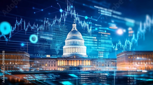 financial data, government building. A futuristic depiction of the U.S. Capitol surrounded by digital financial data and graphs, symbolizing the intersection of government and technology.