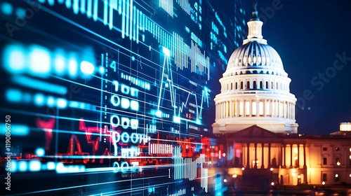 financial data, government building. A digital overlay of financial data against the backdrop of the U.S. Capitol building at night, illustrating the intersection of government and finance.