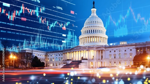financial data, government building. A digital overlay of financial data on the U.S. Capitol, symbolizing the intersection of politics and finance in a modern context.