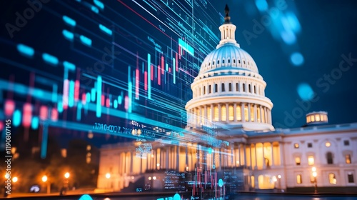 financial data, government building. A vibrant depiction of the Capitol building with digital data visualizations, symbolizing the intersection of government and technology.