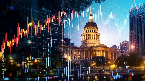 financial data, government building. The image features a cityscape with a prominent government building, overlaid by financial graphs, symbolizing the intersection of finance and governance.