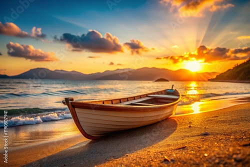 Sunset Beach Scene: Small Wooden Boat at Golden Hour with Mountain View