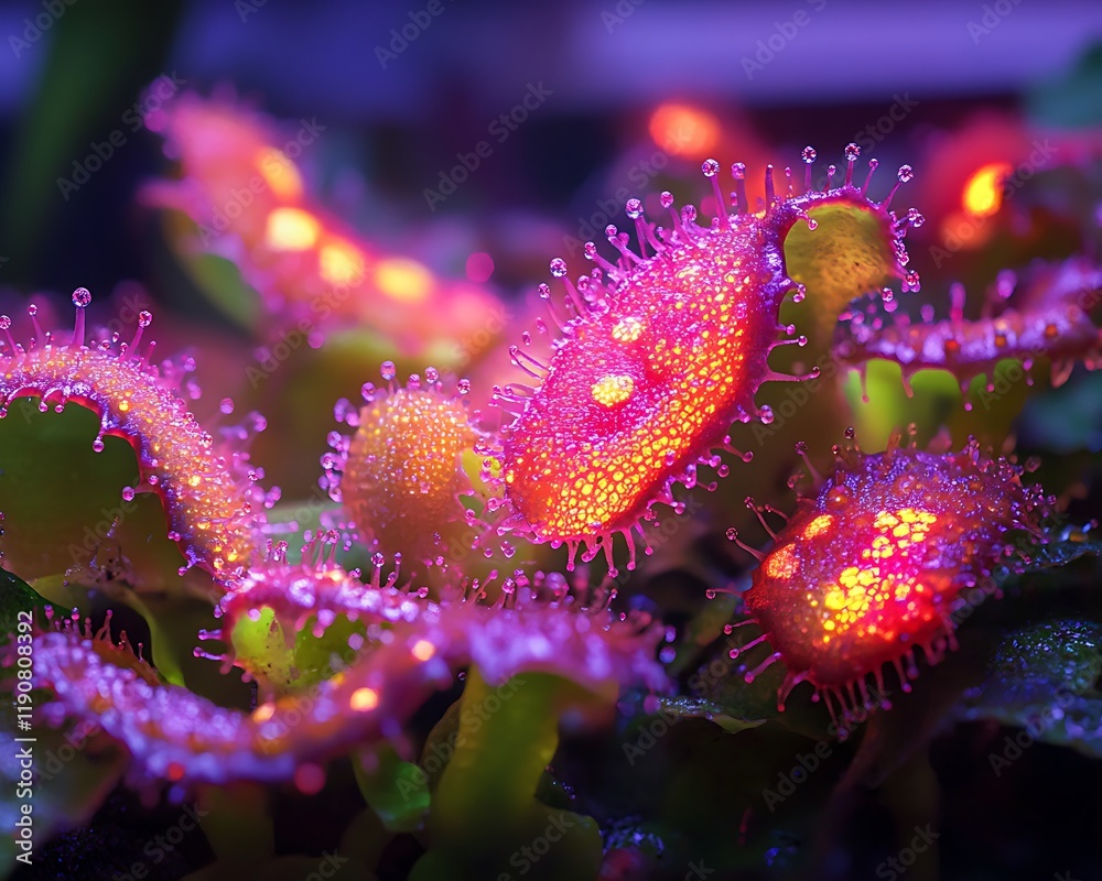 Naklejka premium Close-up of Sundew's insect-catching sticky traps glowing under soft lighting