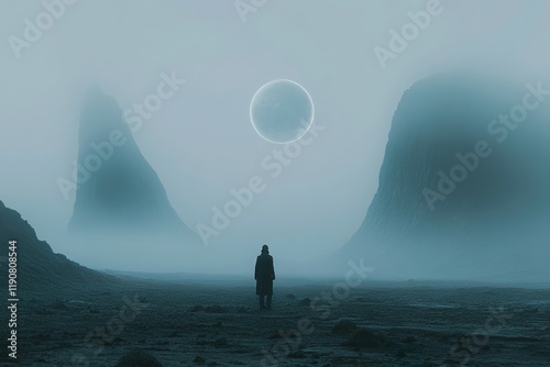 Image showing an astronaut looking at a hazy sky above a rising planet on a barren rocky planet with smoking rock mountains.