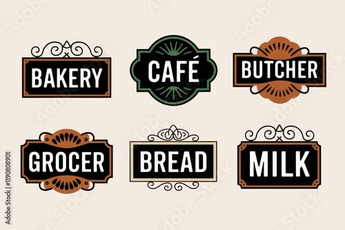 Vintage Shop Signs Collection Featuring Bakery Cafe Butcher Grocer Bread and Milk