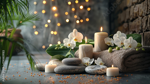 white candles, Towel,pool, stones massage, essential oils, Orchid
