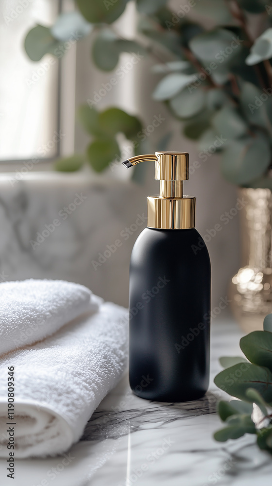 Design a modern, luxurious shampoo bottle set on a marble bathroom countertop Design a modern, luxurious shampoo bottle set on a marble bathroom countertop