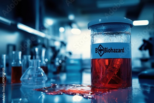 Toxic substance leak from biohazard container in laboratory setting with hazardous waste scientific environment close-up perspective for safety awareness photo