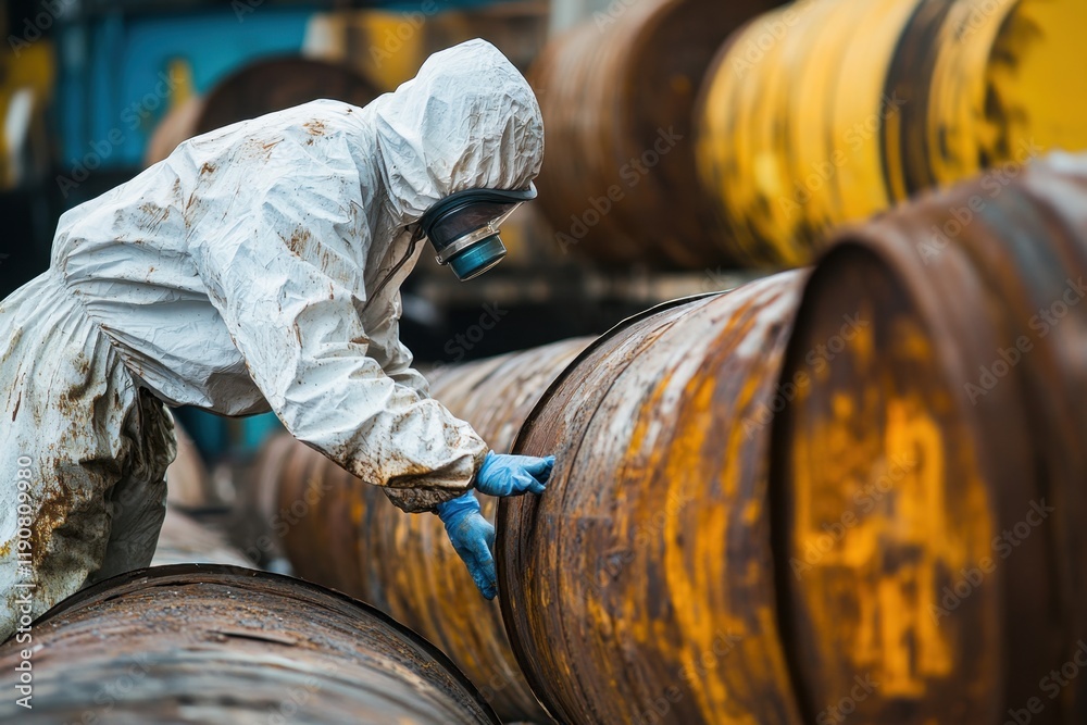 Fototapeta premium Toxic substance inspection industrial facility worker in protective suit hazardous environment close-up view safety measures in action