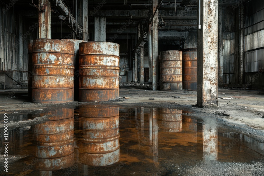 Toxic waste leaks from rusty barrels in abandoned factory industrial site urban decay grimy environment low angle viewpoint environmental hazard awareness Toxic waste leaks from rusty barrels in abandoned factory industrial site urban decay grimy environment low angle viewpoint environmental hazard awareness