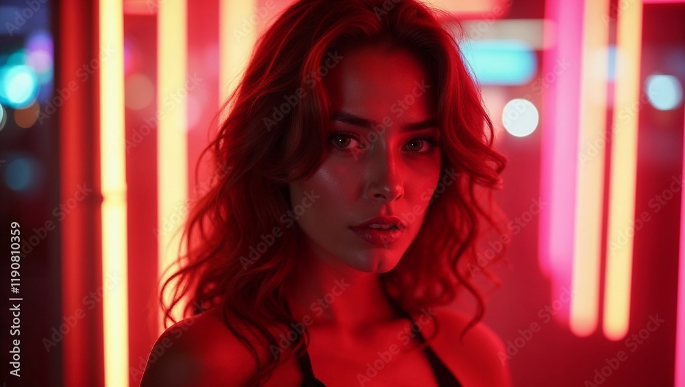 A striking portrait of a woman with long, flowing wavy hair, set against a vibrant backdrop of red neon lights, looking directly at the camera A striking portrait of a woman with long, flowing wavy hair, set against a vibrant backdrop of red neon lights, looking directly at the camera