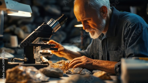 Geologist in a laboratory setting, using a petrographic microscope to study rock thin sections. [Geologist using petrographic microscope in the lab photo