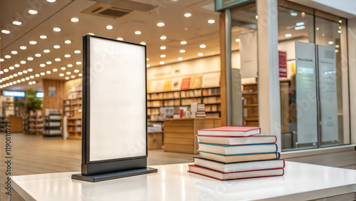 Blank billboard mockup near stack of books on table in cozy bookstore