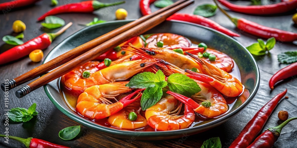Surreal Close-up of Pickled Shrimp with Chopsticks, Soy Sauce, Chili, and Mint Surreal Close-up of Pickled Shrimp with Chopsticks, Soy Sauce, Chili, and Mint