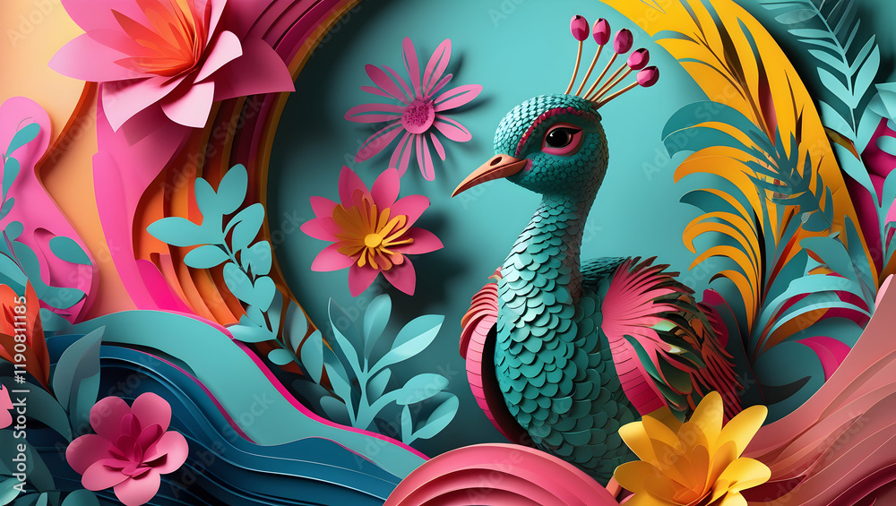 Fototapeta premium Colorful paper art peacock amidst vibrant floral and leaf design