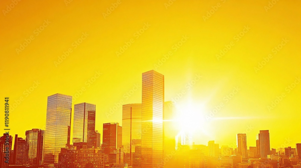 Fototapeta premium Golden Hour Cityscape Sunset, Vibrant Urban Skyline