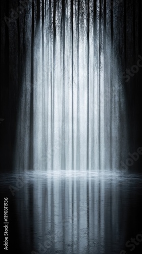 Mystical Forest Waterfall A Serene Cascade Amidst Tall Trees, Ideal for Tranquil Nature Themes.