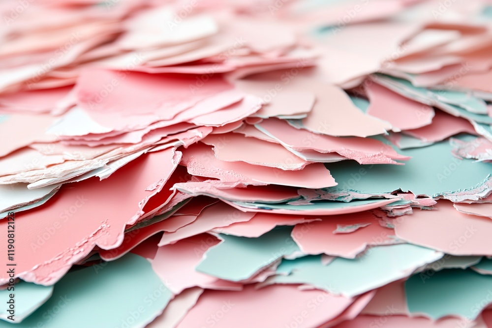 Obraz premium A vibrant collection of torn paper pieces in shades of pink and blue scattered across a tabletop. This chaotic arrangement highlights creativity in an art or crafting session