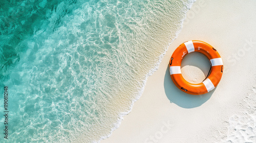 Vibrant lifebuoy rests on serene beach with clear turquoise water