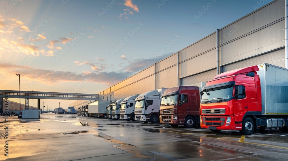 Naklejka premium Multiple delivery trucks of various sizes, neatly lined up along a loading dock at a bustling logistics facility