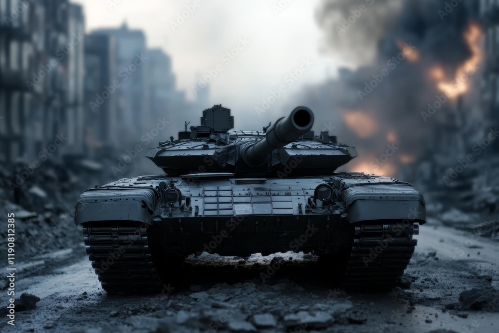 Tank navigates through a ruined urban landscape amid smoke and destruction in an intense military operation setting Tank navigates through a ruined urban landscape amid smoke and destruction in an intense military operation setting