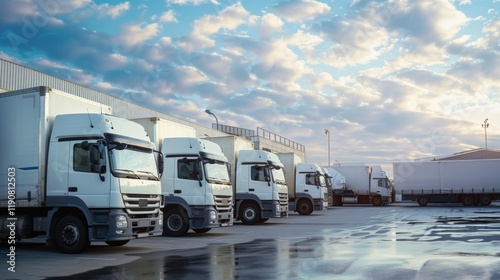 Multiple delivery trucks in different sizes, parked in a neat row at a high-tech distribution facility