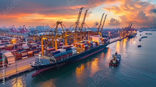 A bustling seaport at twilight with cranes loading containers onto a large ship