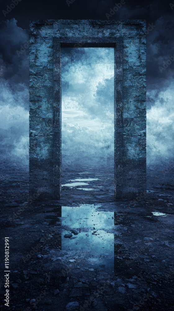 Mysterious stone portal in desolate landscape with clouds Mysterious stone portal in desolate landscape with clouds