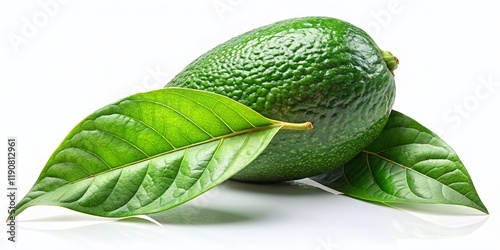 Surreal Floating Avocado with Lush Leaves on White Background - Stock Photo