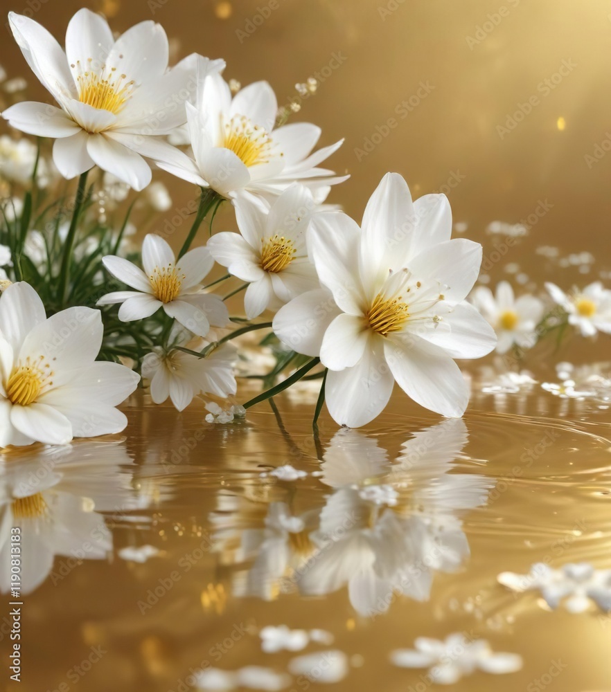 Delicate white flowers on shimmering gold background with ripples, luxury, elegant, background, decorative, floral Delicate white flowers on shimmering gold background with ripples, luxury, elegant, background, decorative, floral