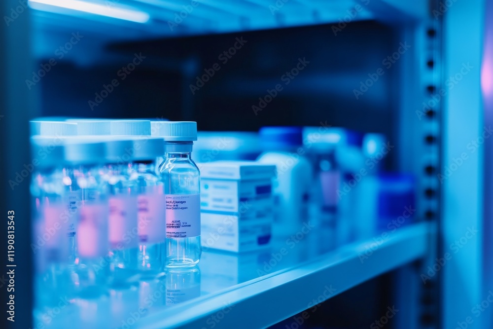 A refrigerated setting showing medical vials neatly arranged on a shelf, with cool blue lighting A refrigerated setting showing medical vials neatly arranged on a shelf, with cool blue lighting