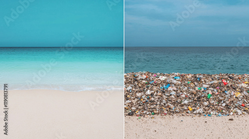 Trash on Beaches and Grand Ocean Pollution Concept, split screen image contrasting pristine beach with clear water and polluted shoreline filled