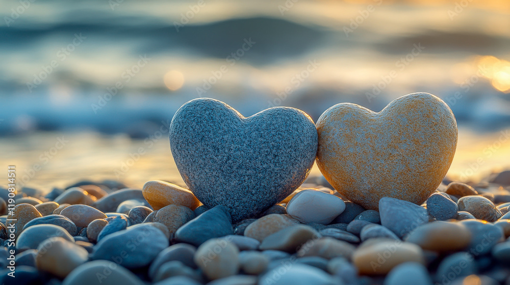 Fototapeta premium Two heart-shaped stones nestled together on a pebbled beach at sunset with gentle waves lapping in the background
