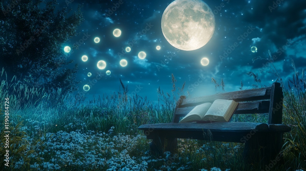 Fototapeta premium A magical meadow under a full moon, with glowing orbs floating in the air and a book resting on a wooden bench, book fantasy with copy space