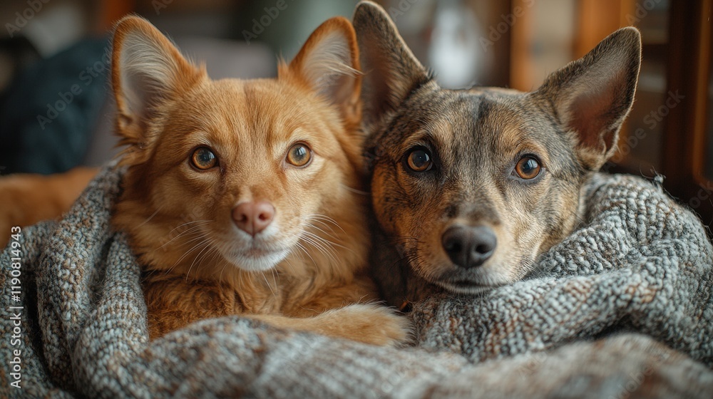 Two dogs peacefully resting on a soft blanket in a cozy indoor setting valentine day Two dogs peacefully resting on a soft blanket in a cozy indoor setting valentine day