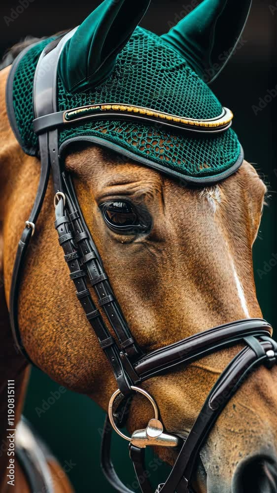 Beautiful brown horse wearing an elegant bridle and green ear bonnet in a stable setting Beautiful brown horse wearing an elegant bridle and green ear bonnet in a stable setting