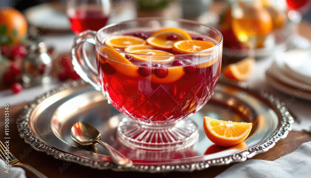 Red fruit punch with oranges and cranberries on a silver tray with copy space Red fruit punch with oranges and cranberries on a silver tray with copy space