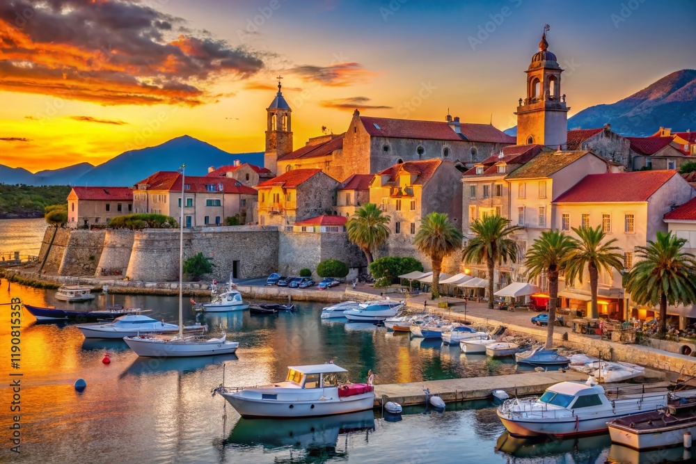 Fototapeta premium Korcula Island Harbor: Picturesque Croatian Coastal Town, September Sunset