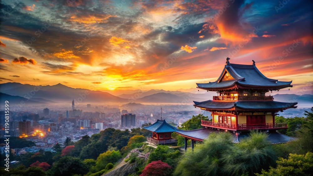 Obraz premium Kyoto Sunset Skyline Double Exposure: Kiyomizu-dera Temple Panoramic View