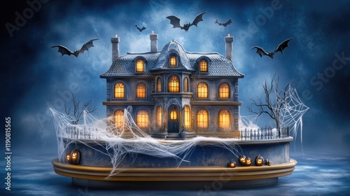 Eerie Haunted House with Bats, Cobwebs, and Pumpkins on a Misty Halloween Night photo