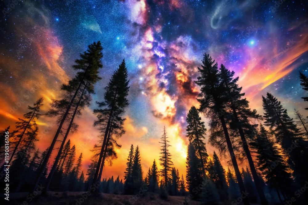 Fototapeta premium Surreal Night Sky: Majestic Pine Trees Under a Starry Galaxy